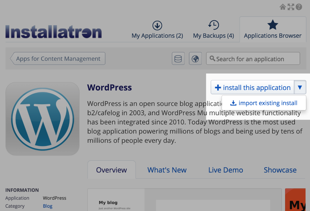 Import-existing-install-installatron